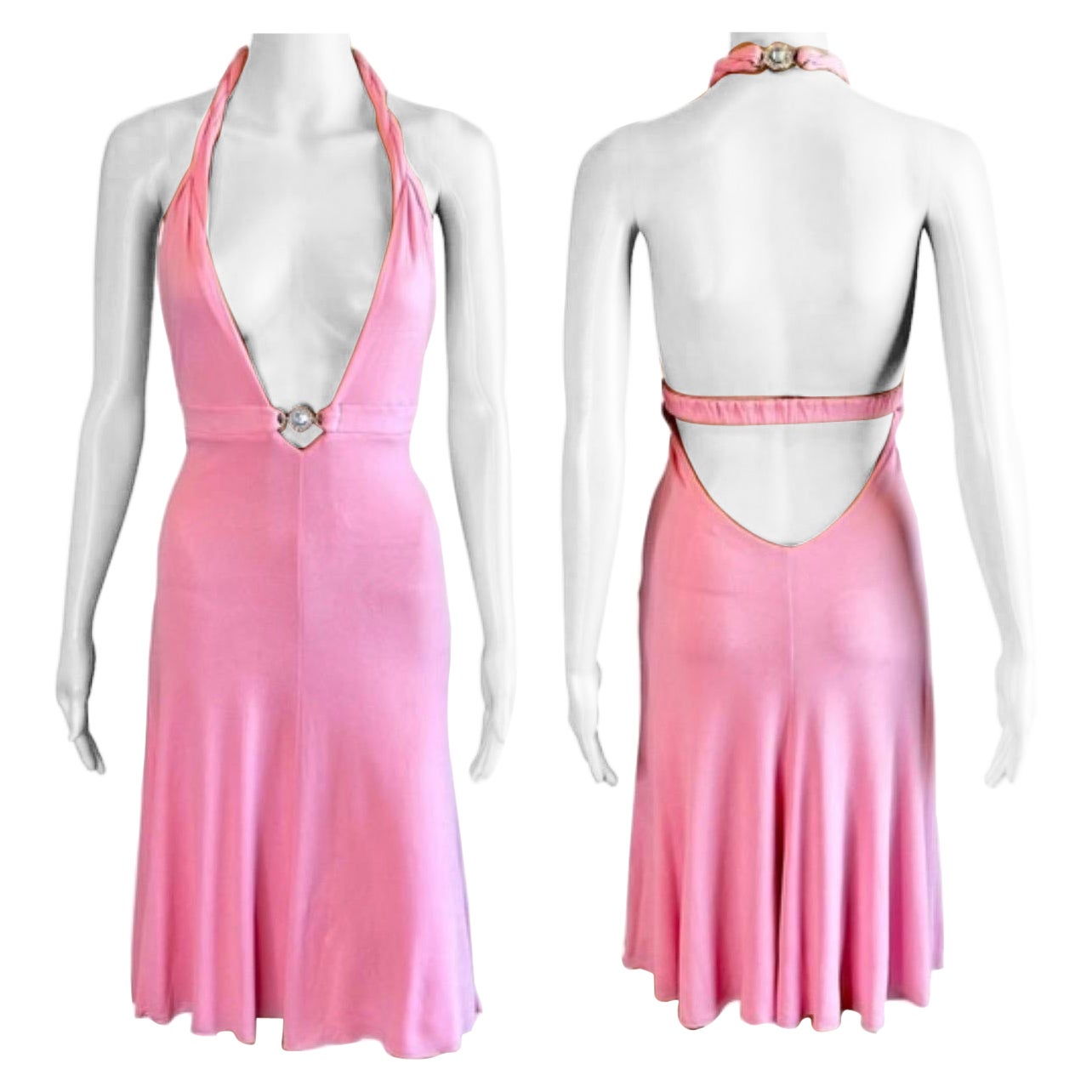 Versace S/S 2007 Crystal Logo Plunging Neckline Backless Halter Pink Dress For Sale