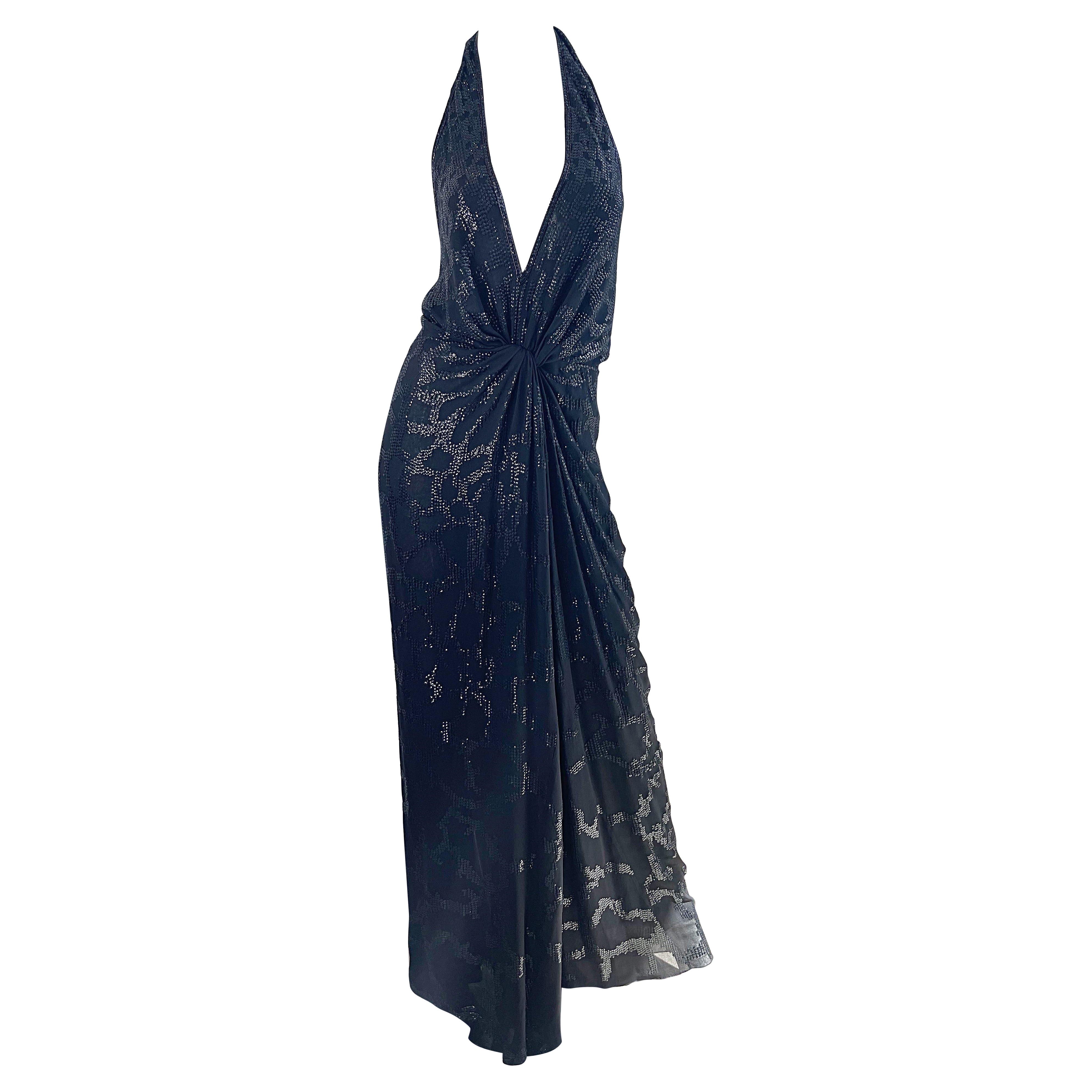 Roberto Cavalli Runway Fall 2006 Sequin Black Silk Chiffon Size 44 Plunging Gown For Sale