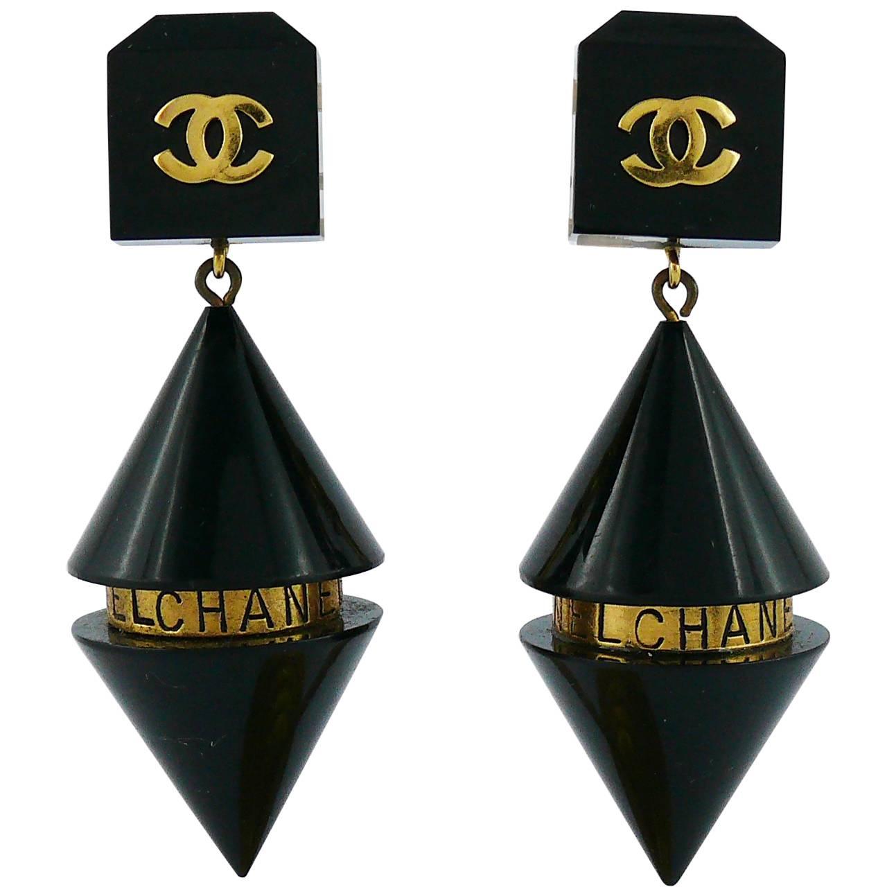 Chanel Vintage Rare Cylindrical Black Lucite and Logo Dangling Earrings
