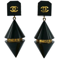Chanel Vintage Rare Cylindrical Black Lucite and Logo Dangling Earrings