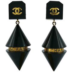 Chanel Vintage Rare Cylindrical Black Lucite and Logo Dangling Earrings 7