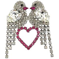 Vintage Fabulous Butler & Wilson Rhinestone Fringe Lovebirds Heart Brooch Pin
