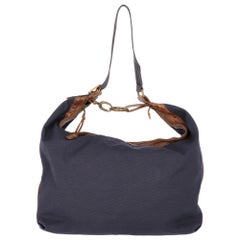 2000s Marni Blue Cotton Tote Bag with Brown leather details