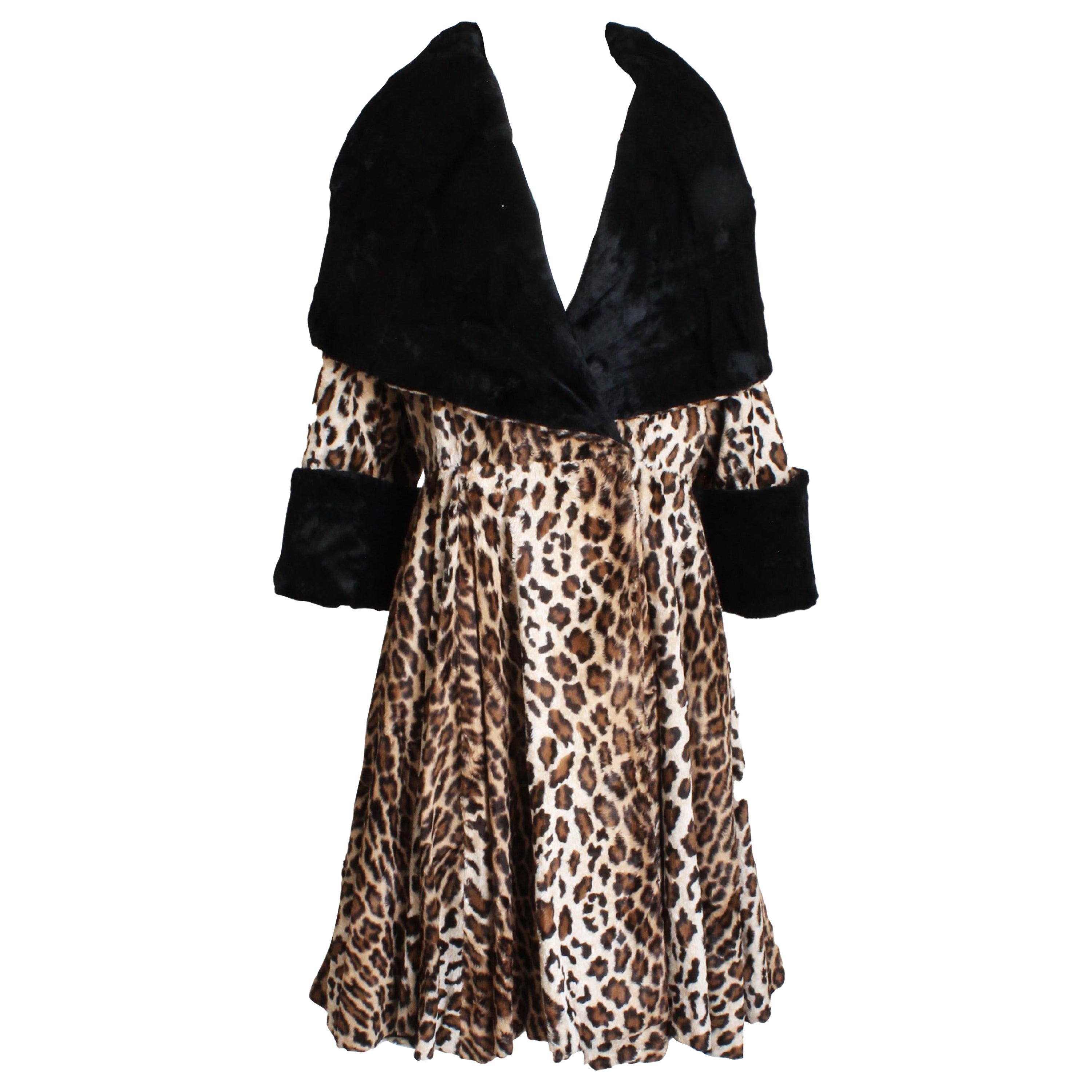 Norma Kamali OMO Coat Oversized Shawl Collar Faux Leopard Fur Vintage 80s Rare L For Sale