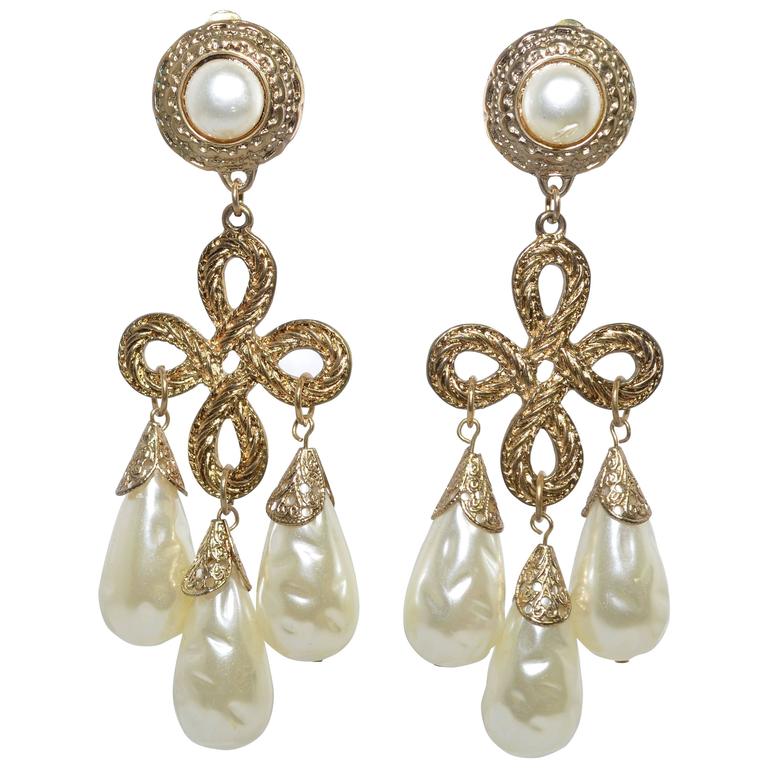 Vintage Baroque Style Pearl Dangle Earrings For Sale at 1stDibs