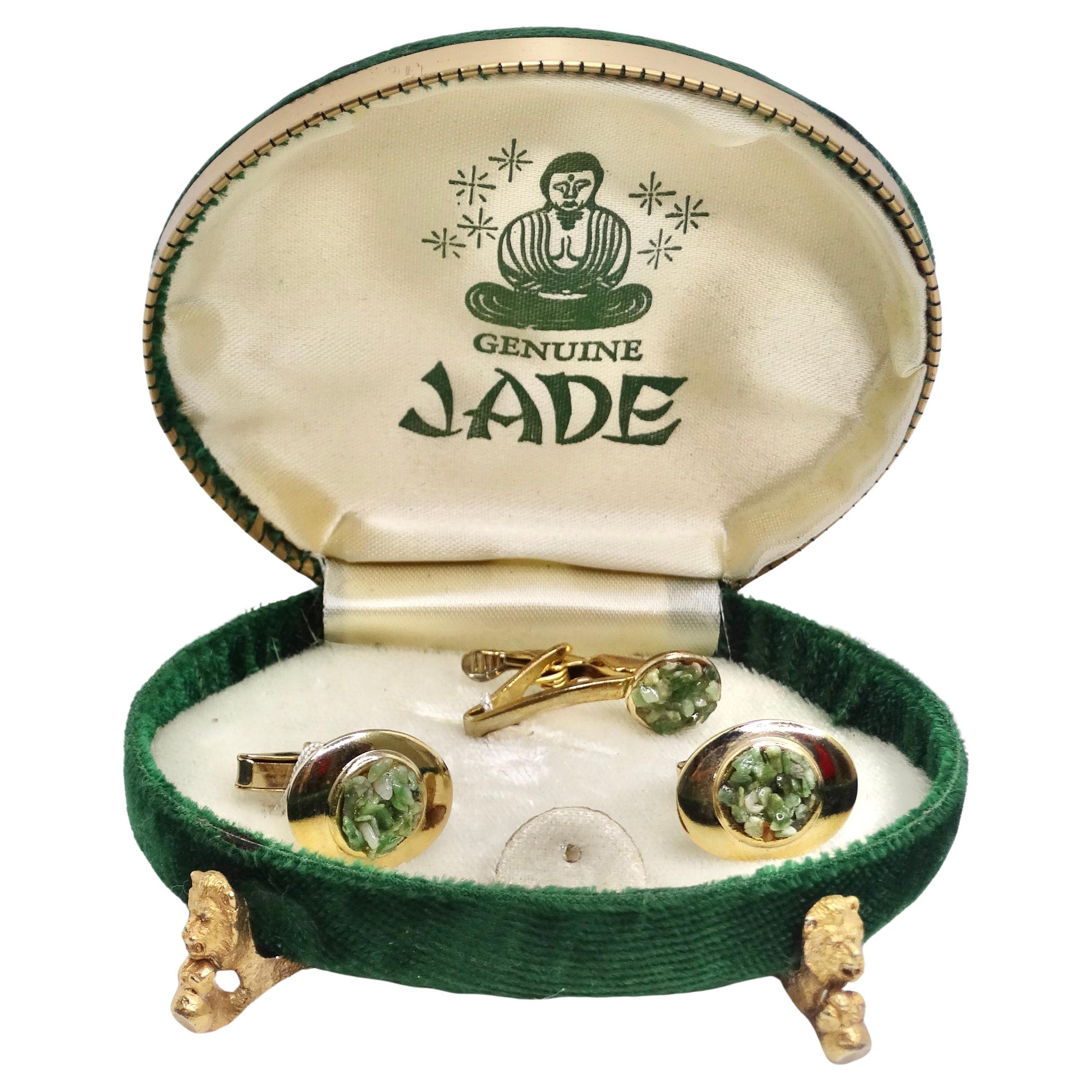 1950s Genuine Jade Cuff Link and Tie Clip Set For Sale
