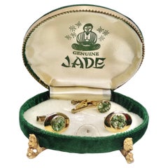 Retro 1950s Genuine Jade Cuff Link and Tie Clip Set