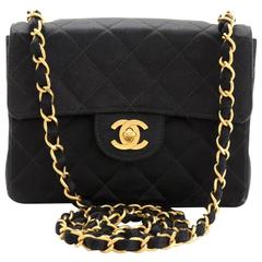 Retro Chanel 7" Mini Black Quilted Satin Flap Shoulder Bag