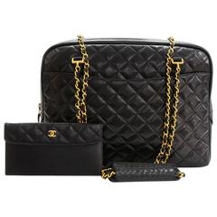 Vintage Chanel 14" Black Quilted Lambskin Leather XL Tote Shoulder Bag + Wallet