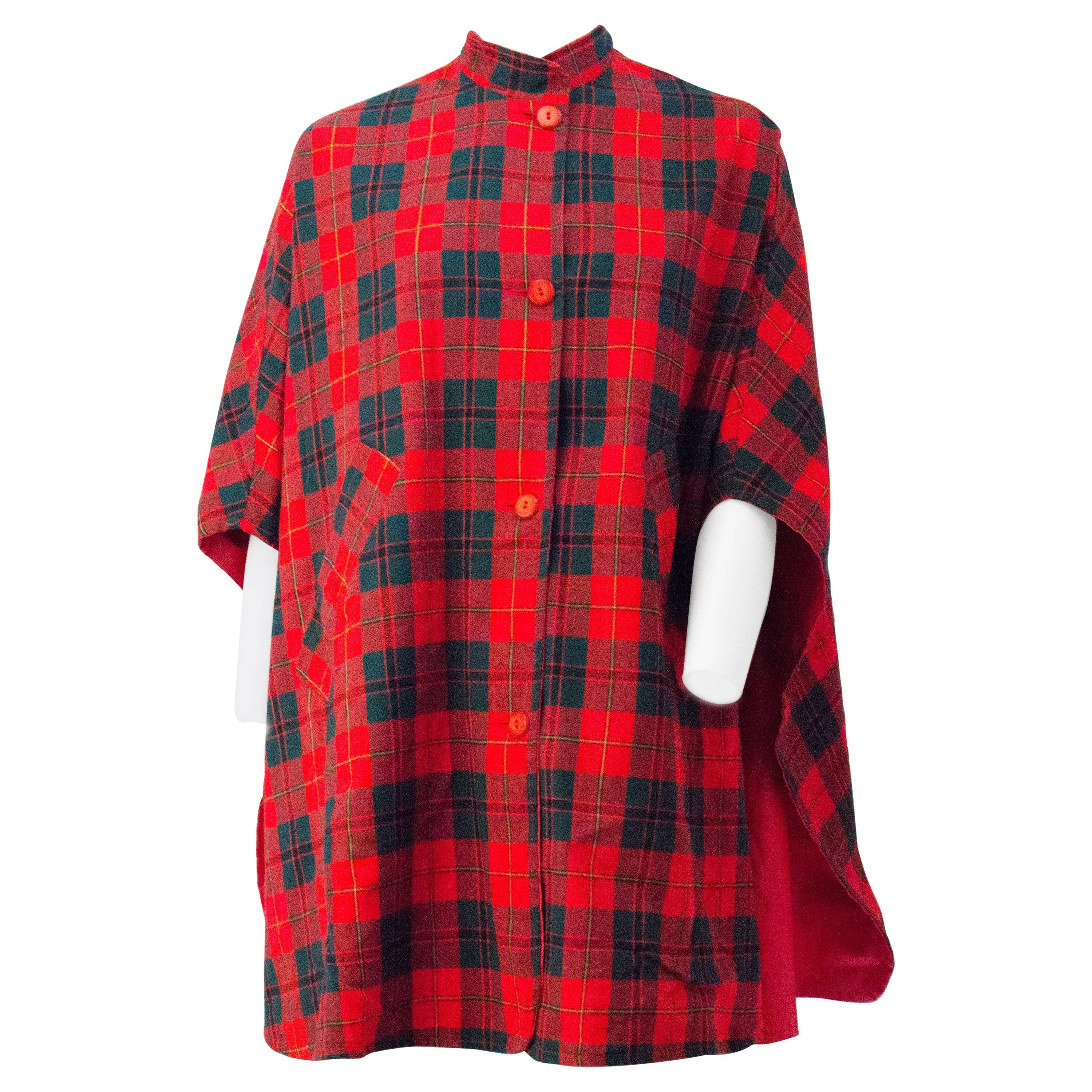 60s Red Plaid Reversible Poncho For Sale
