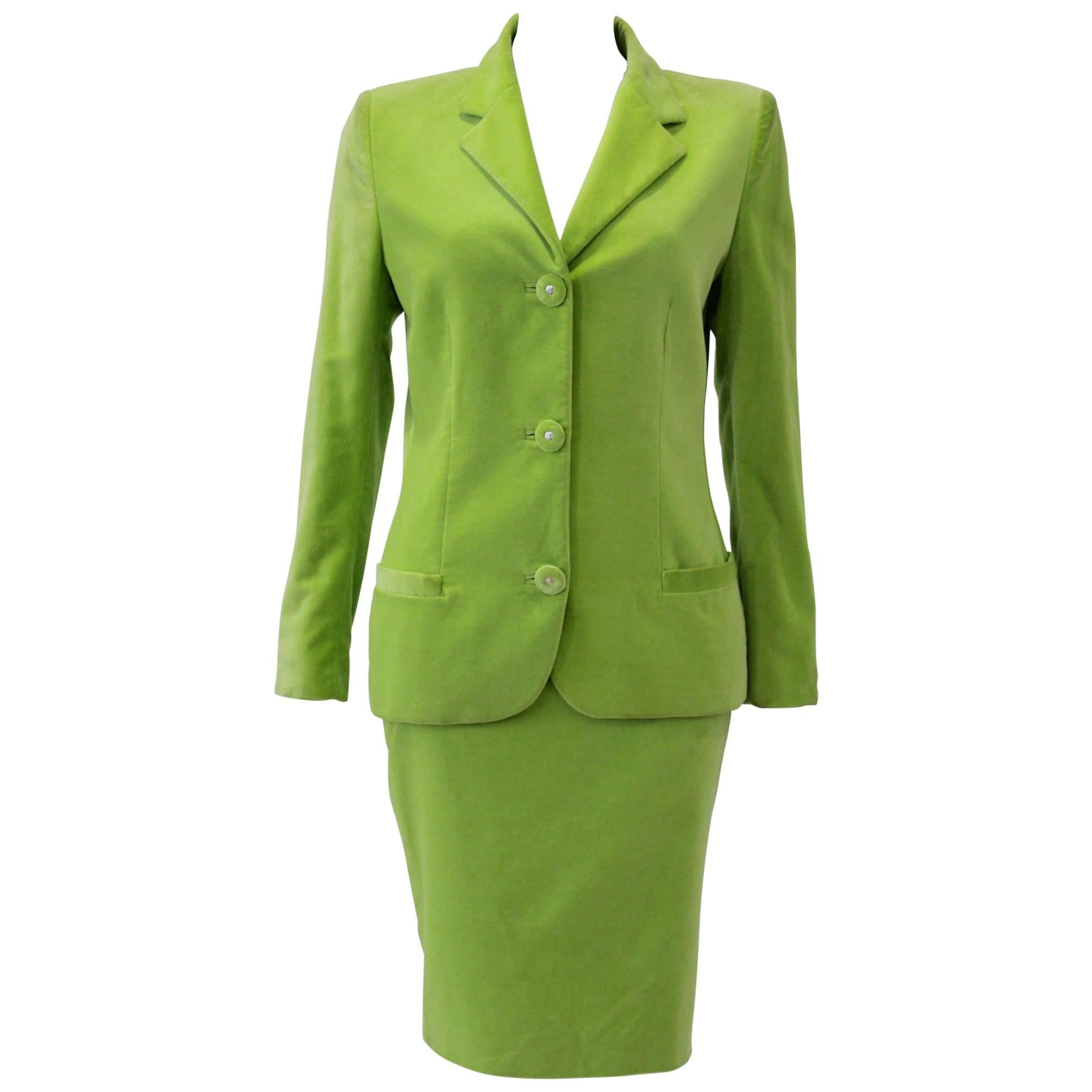 Gianni Versace Couture Lime Velvet Suit Winter 1996 For Sale