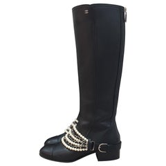 Used Chanel Black Leather Pearl Embellished Knee Length Boots
