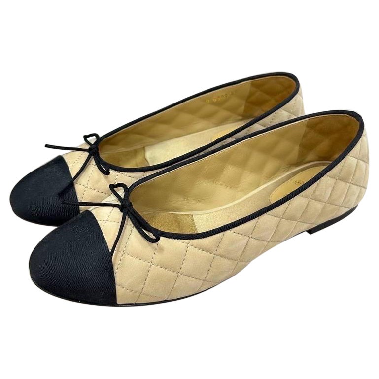 Chanel Beige Black Quilted Leather Ballet Flats