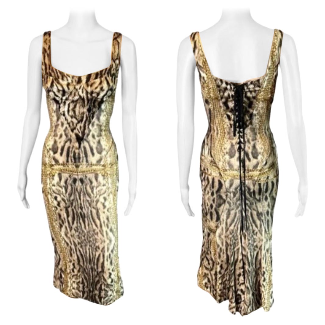 Roberto Cavalli F/W 2003 Bustier Corset Lace Up Animal Chain Print Silk Dress For Sale