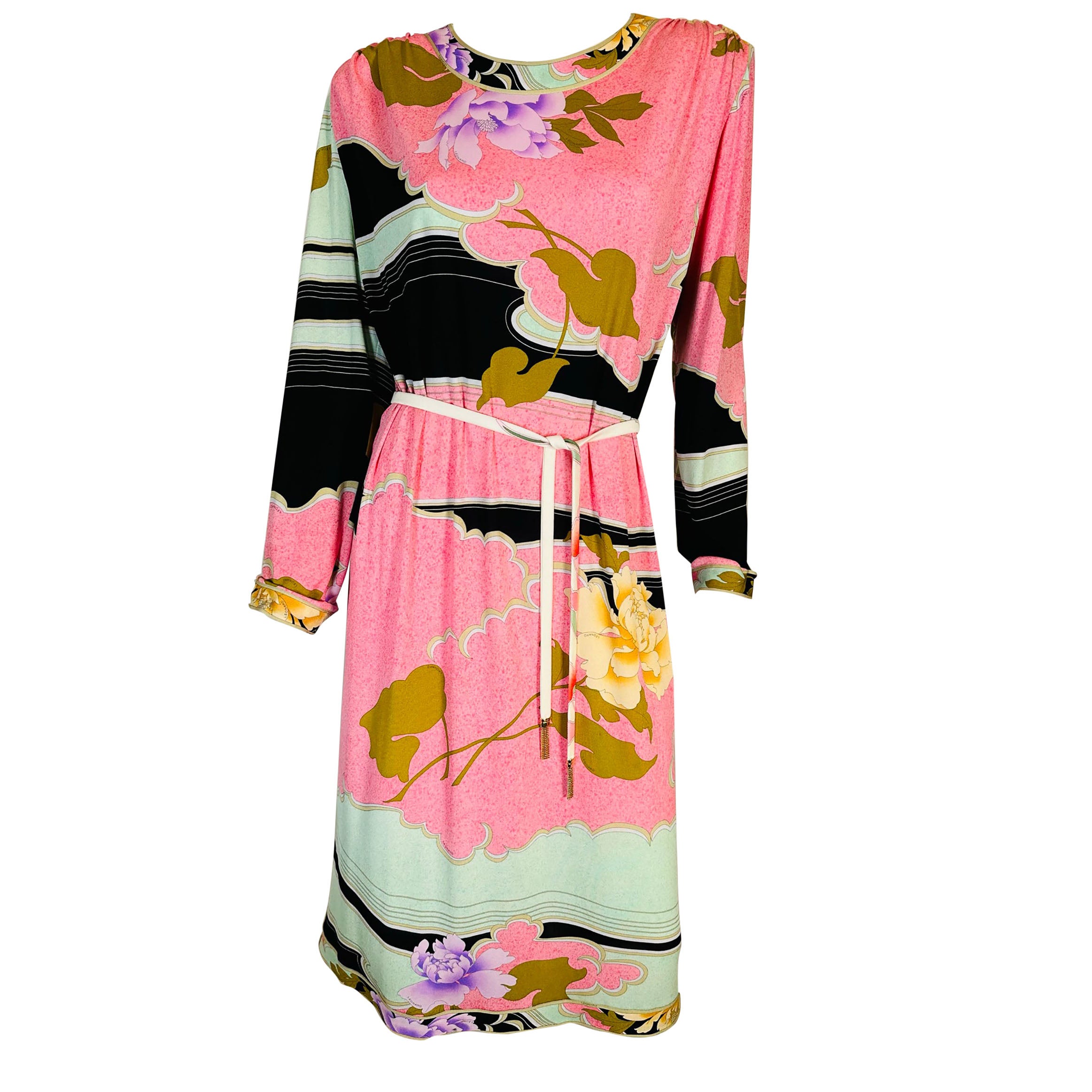 Leonard Paris Silk Jersey Floral Print Shift Dress With Belt 48 For Sale