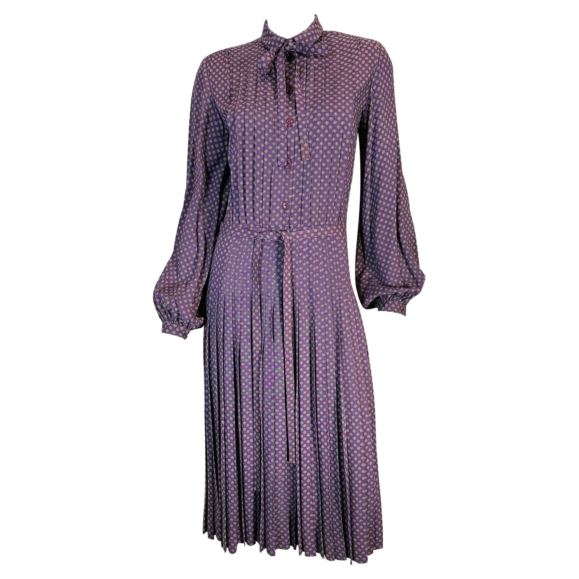 Albert Nipon Plum with Grey Mini Circles Pleated Skirt Shirtwaist Dress 1970s For Sale