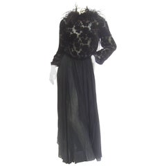 Vintage Saks Fifth Avenue Black Feather Trim Silk Chiffon Devore Gown c 1970