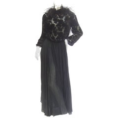 Saks Fifth Avenue Black Feather Trim Silk Chiffon Devore Gown c 1970