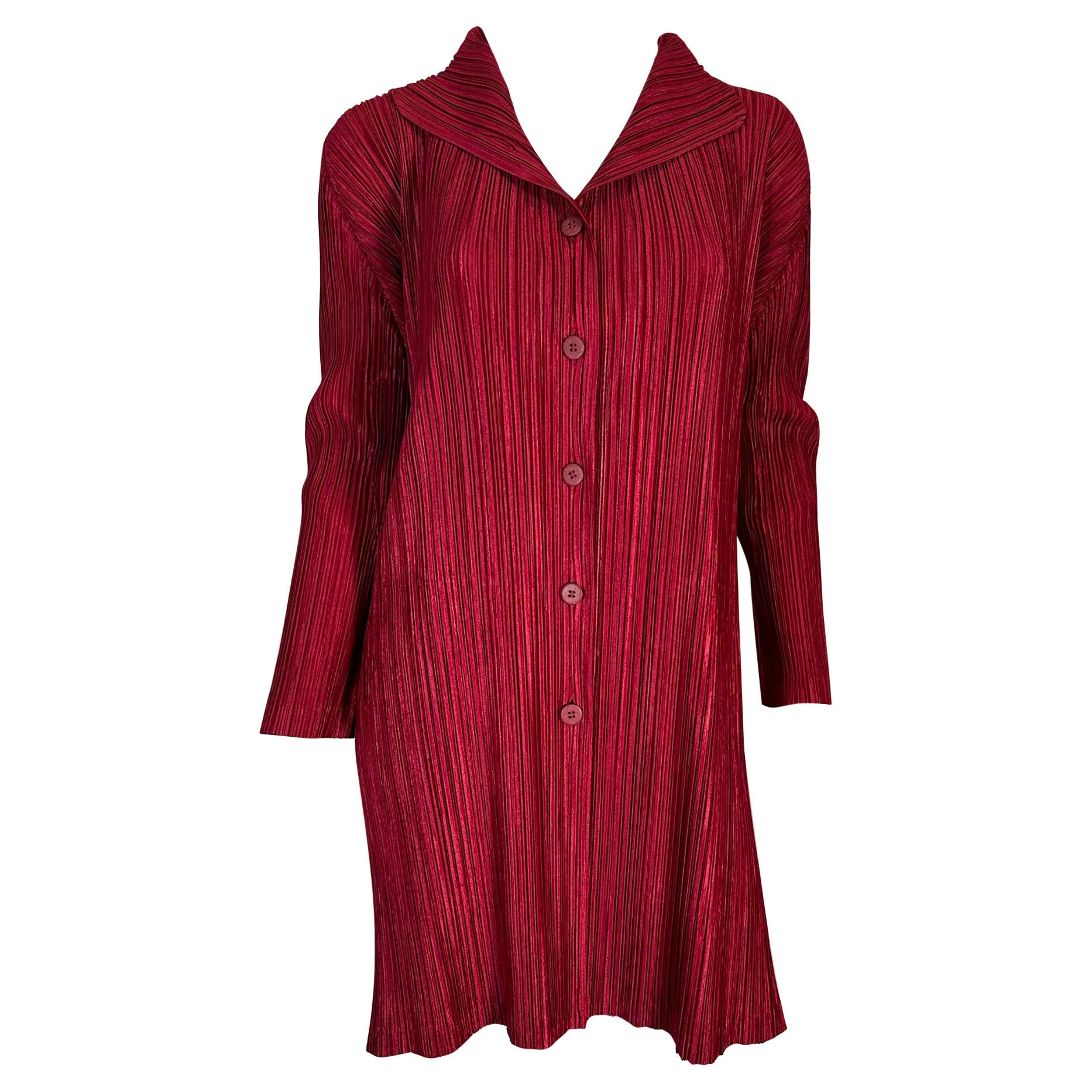 Pleats Please Issey Miyake Burgundy Single Breasted Coat  For Sale