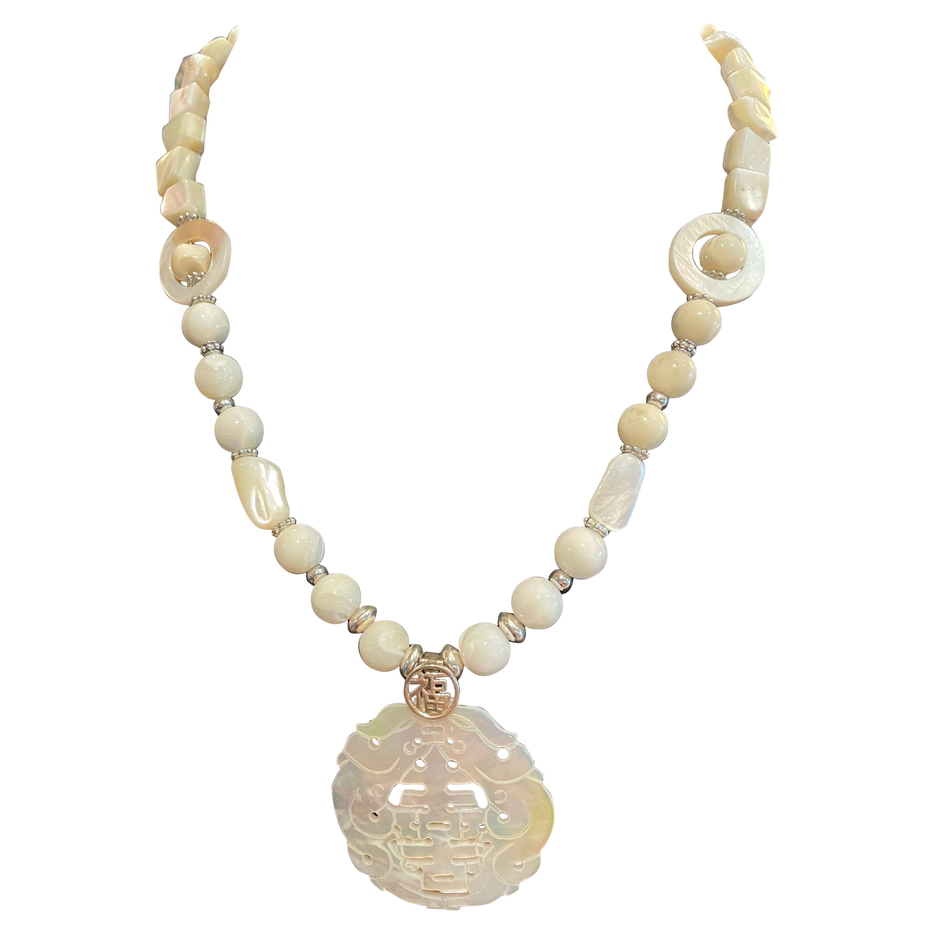 LB Antique carved Mother of Pearl Chinese pendant necklace with MOP beads For Sale