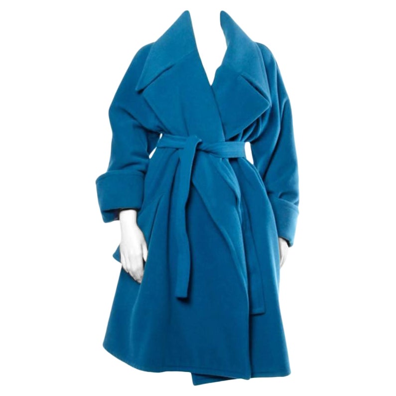 1990s Karl Lagerfeld Vintage Teal Blue Soft Angora Wool + Alpaca Trench Coat For Sale