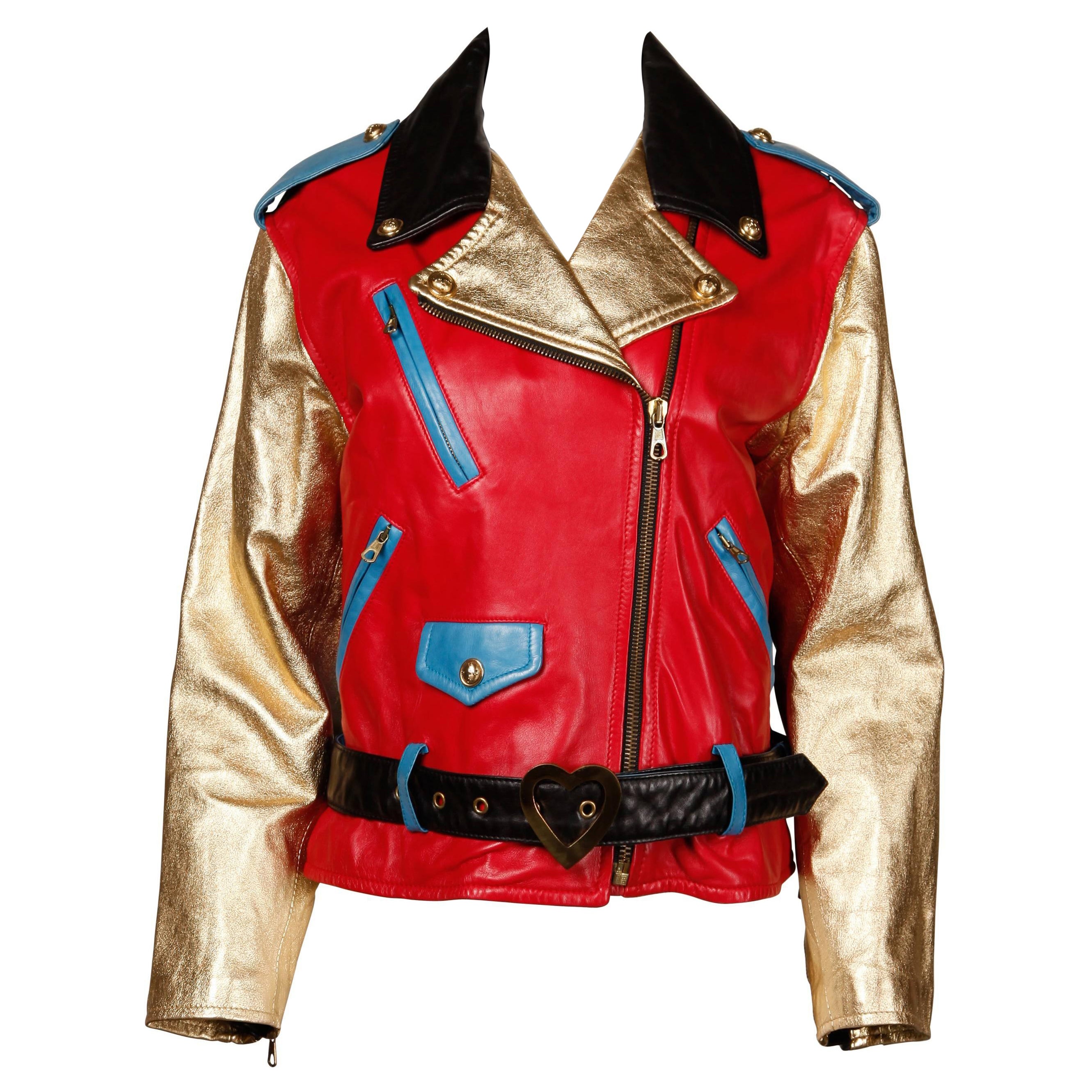Moschino Leather Vintage Metallic Gold Color Block Motorcycle Jacket, 1990s  For Sale
