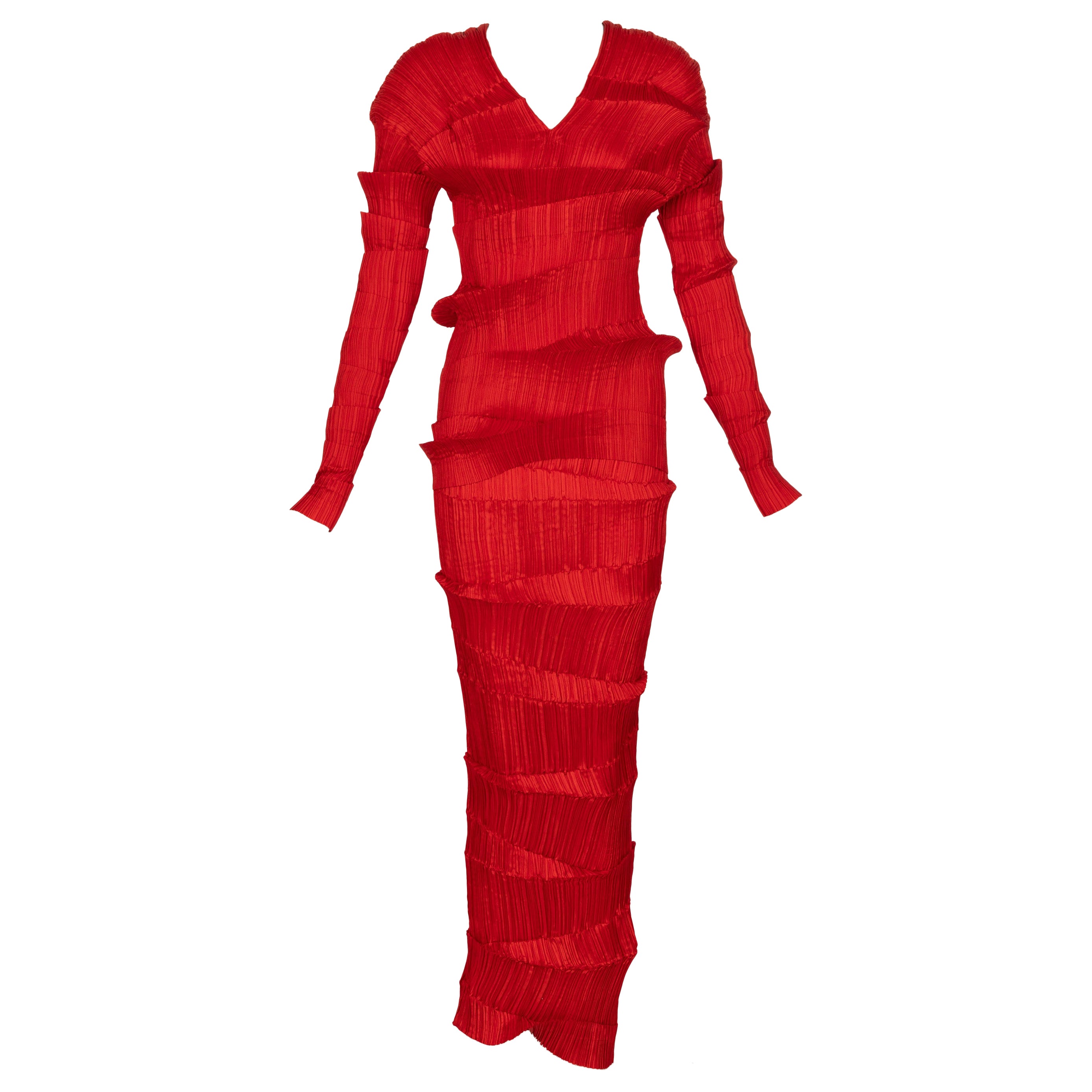 Incredible 1990s Issey Miyake Pleated Red Top & Skirt Ensemble For Sale