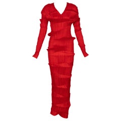 Incredible 1990s Issey Miyake Pleated Red Top & Skirt Ensemble