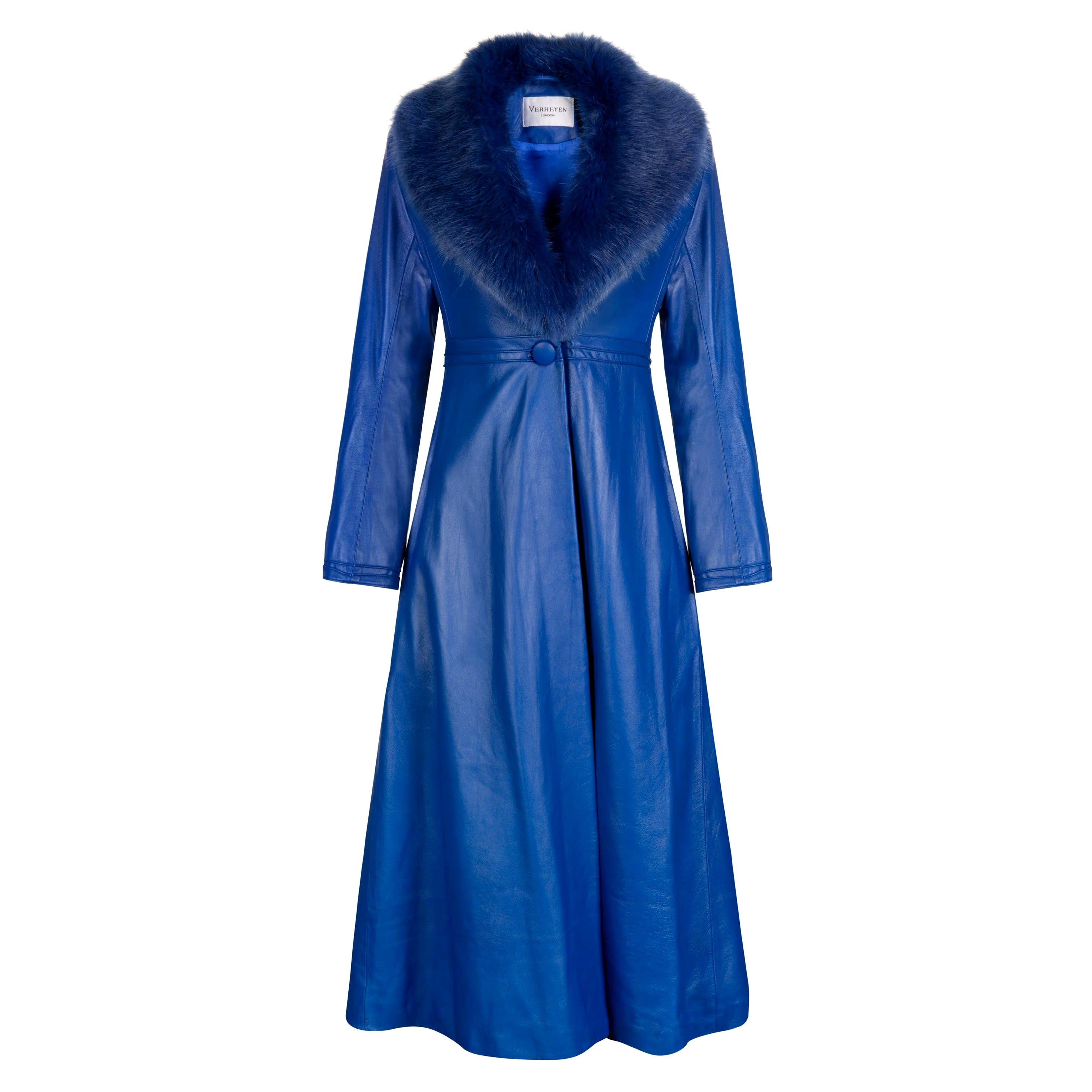 Manteau Edward en cuir bleu avec fausse fourrure Verheyen London, Taille UK 12 en vente