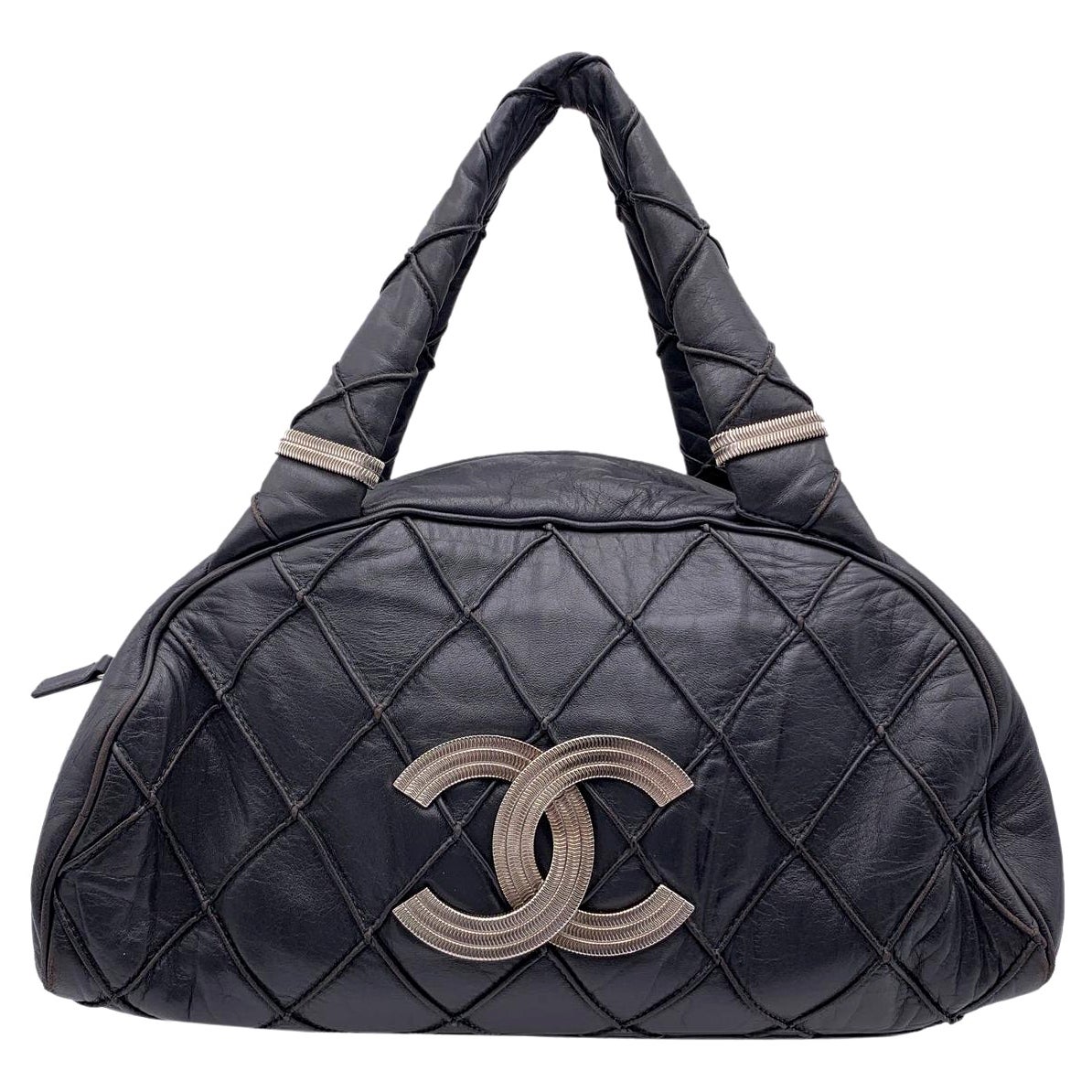 Chanel Dark Grey Quilted Leather CC Logo Bowling Bowler Bag For Sale at  1stDibs