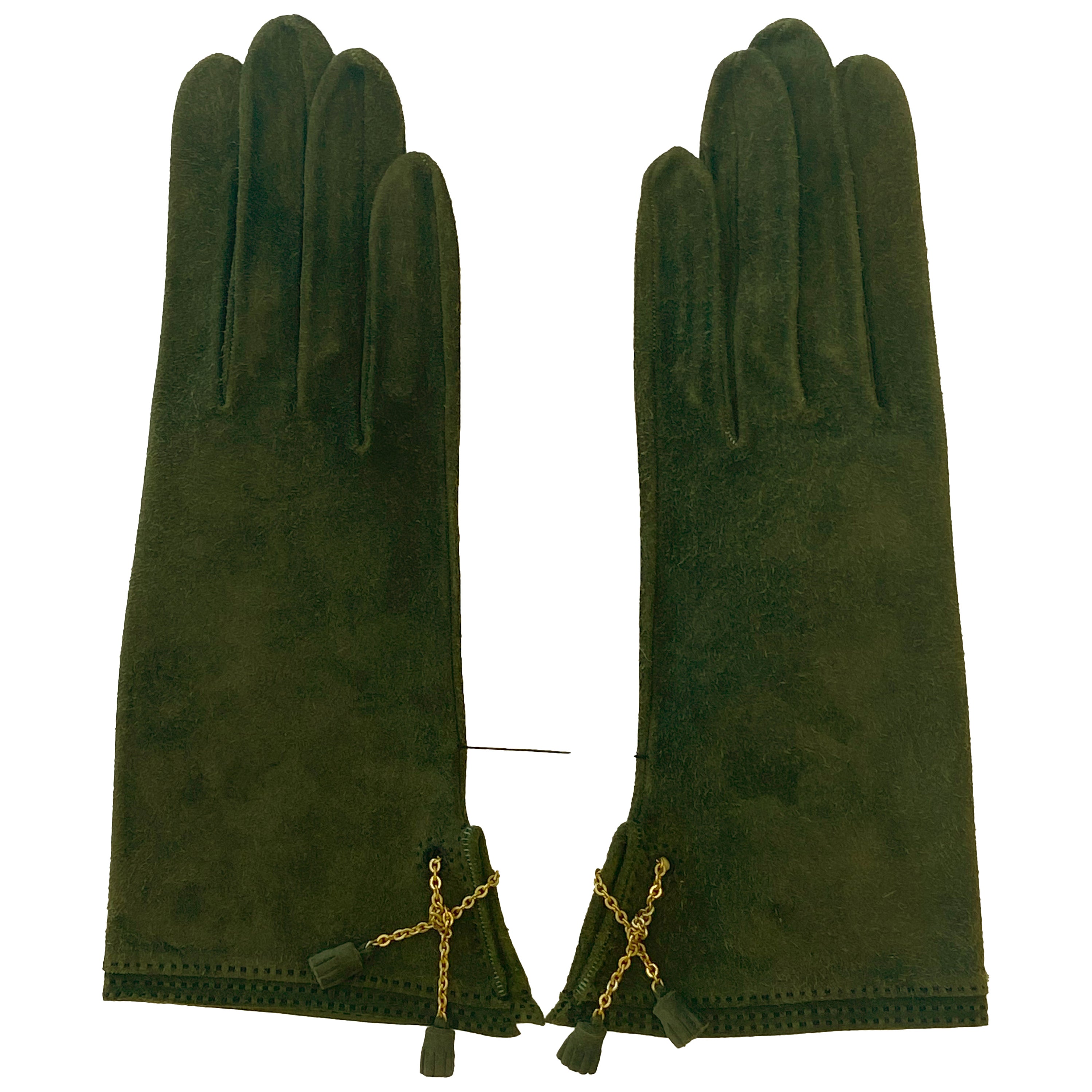 Hermes Forest Green Suede Gloves with Gold Chains & Tassels 7 1/2 Unworn