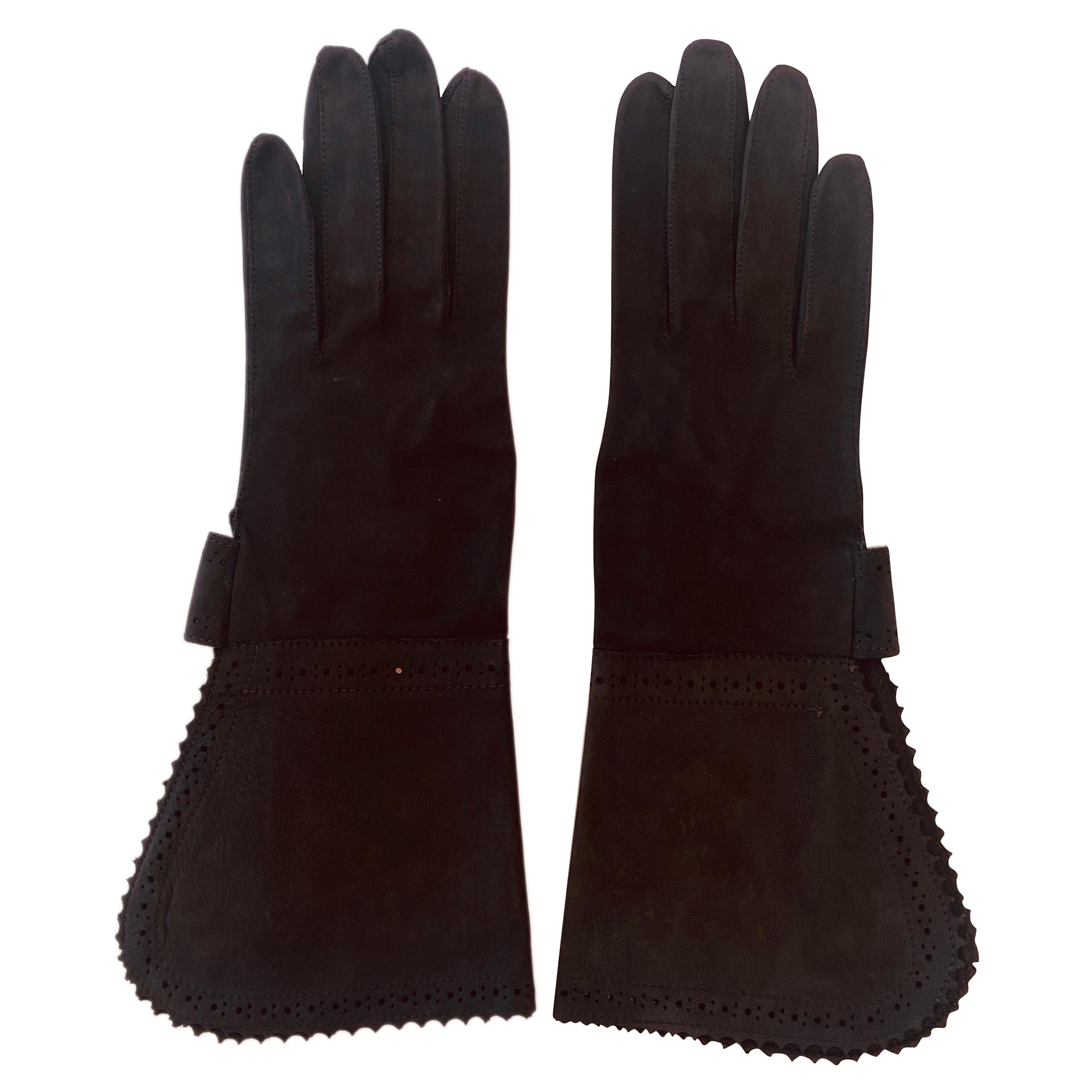 Christian Dior Steel Grey Suede Perforated Gauntlet Gloves 7 For Sale
