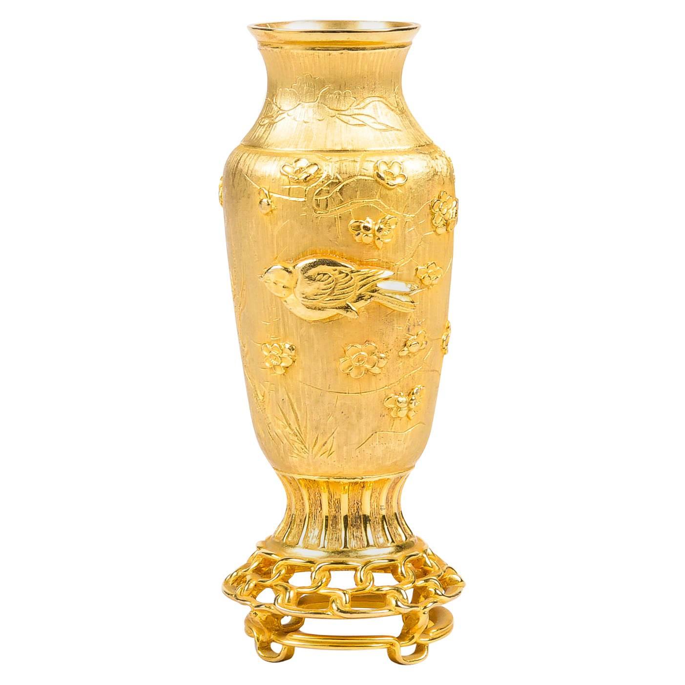 Judith Leiber Gold Tone Asian Inspired Cherry Blossom Bird Small Bud Vase For Sale