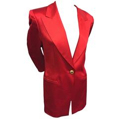 1990s Escada Cardinal Red Silk Satin Dinner Jacket w/ Horseshoe Buttons