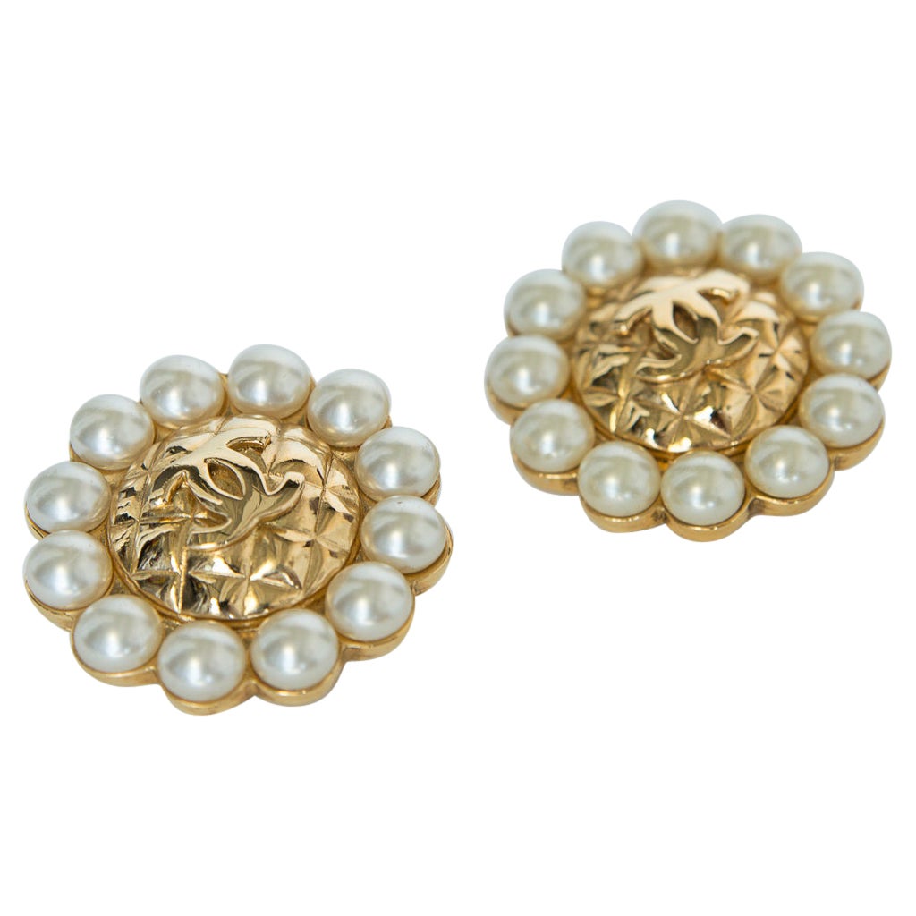 Chanel Gold Tone and Leather Custom Faux Pearl CC Logo Clip Earrings,  1980's For Sale at 1stDibs
