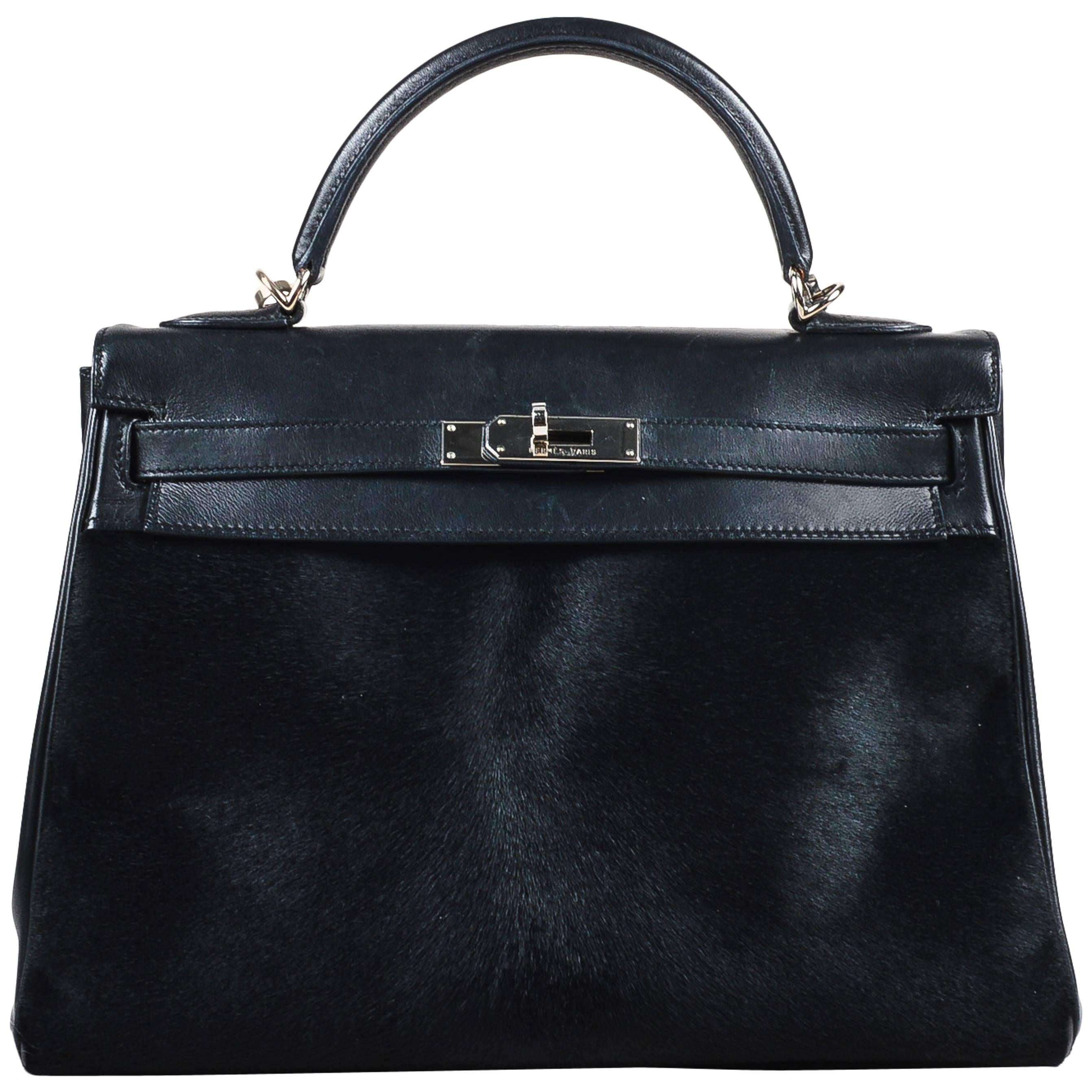 Hermes Black Evercalf Box Calf Leather Ponyhair "Retourne Troika Kelly" 32cm Bag For Sale
