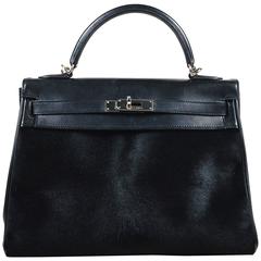 Hermes Black Evercalf Box Calf Leather Ponyhair "Retourne Troika Kelly" 32cm Bag