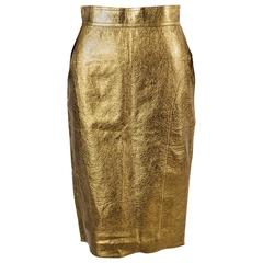 Vintage Ungaro Solo Donna Gold Tone Metallic Peccary Leather Pencil Skirt SZ 6