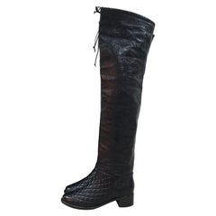 Chanel Matelasse Black Leather Over Knee Boots