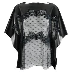 Valentino Black Lambskin Leather and Sheer Lace Caftan Tunic Top