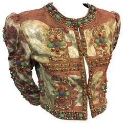 1980s Incredible Gold Lamé Evening Jacket with Heavy Cross Embroidery and Beads