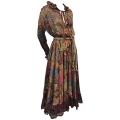 1980s Louis Feraud Autumnal Floral Print Chiffon 2-Piece Ensemble