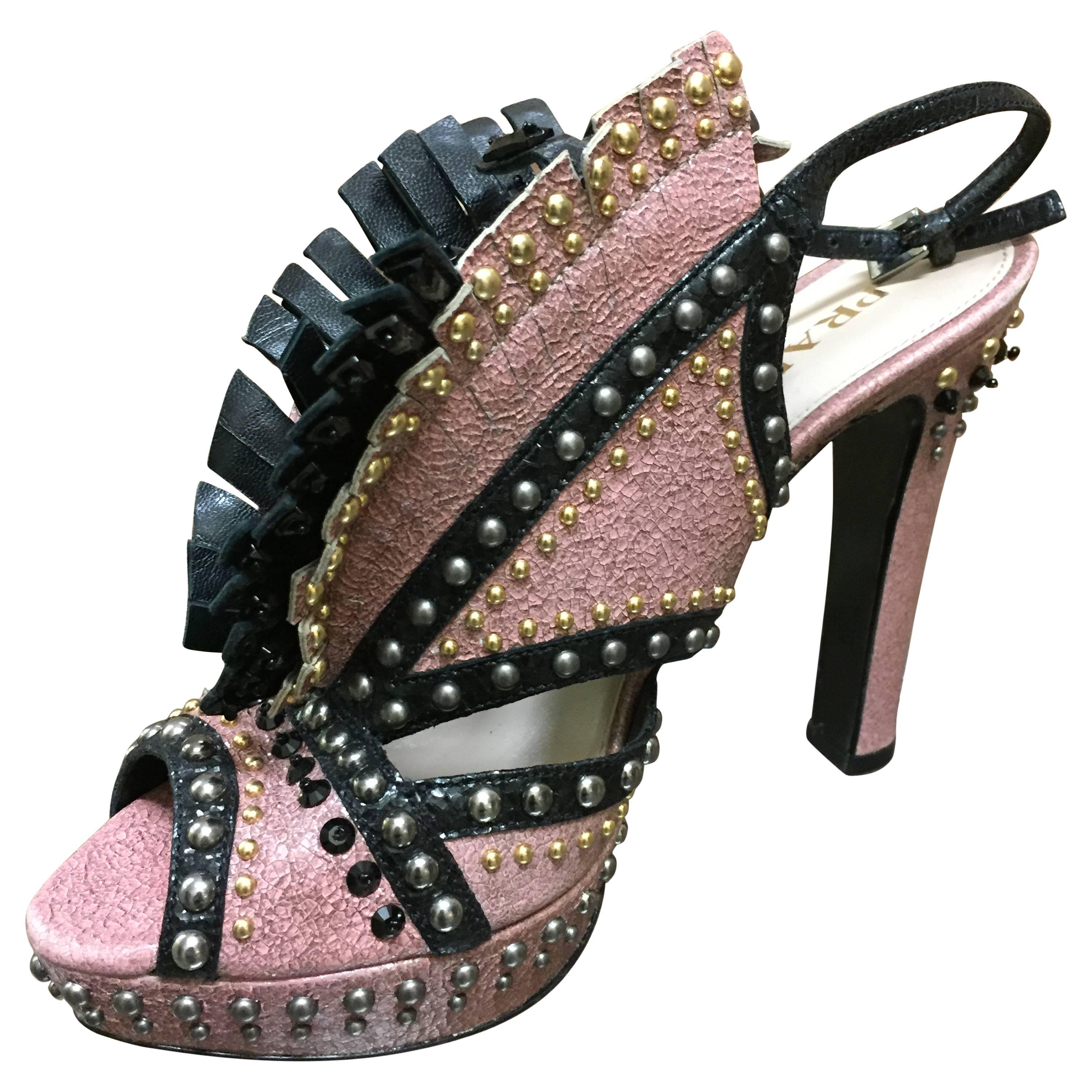 Prada Pink and Black Studded Platform Sandals w Leather Fringe at Vamp