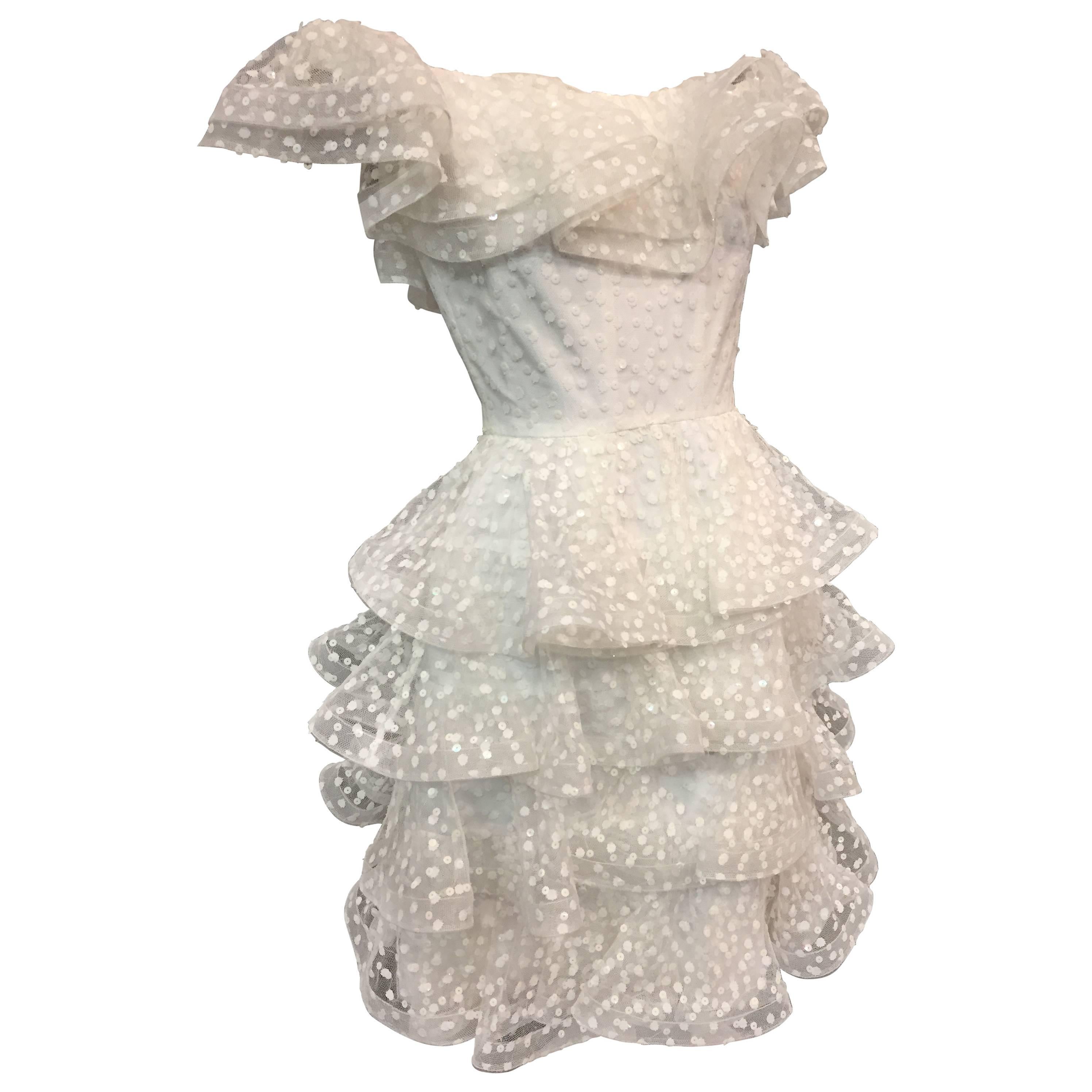 1980s Scaasi Tiered Ruffled Pointe D'Esprit Tulle Cocktail Dress 