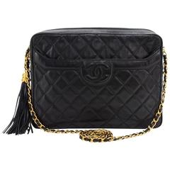 Retro Chanel 11" Black Quilted Leather Fringe Shoulder Pochette Bag