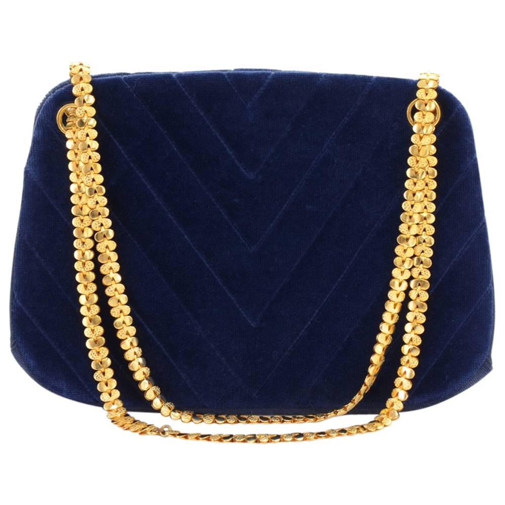 Chanel Blue Navy Quilted Velvet Shoulder Party Bag For Sale