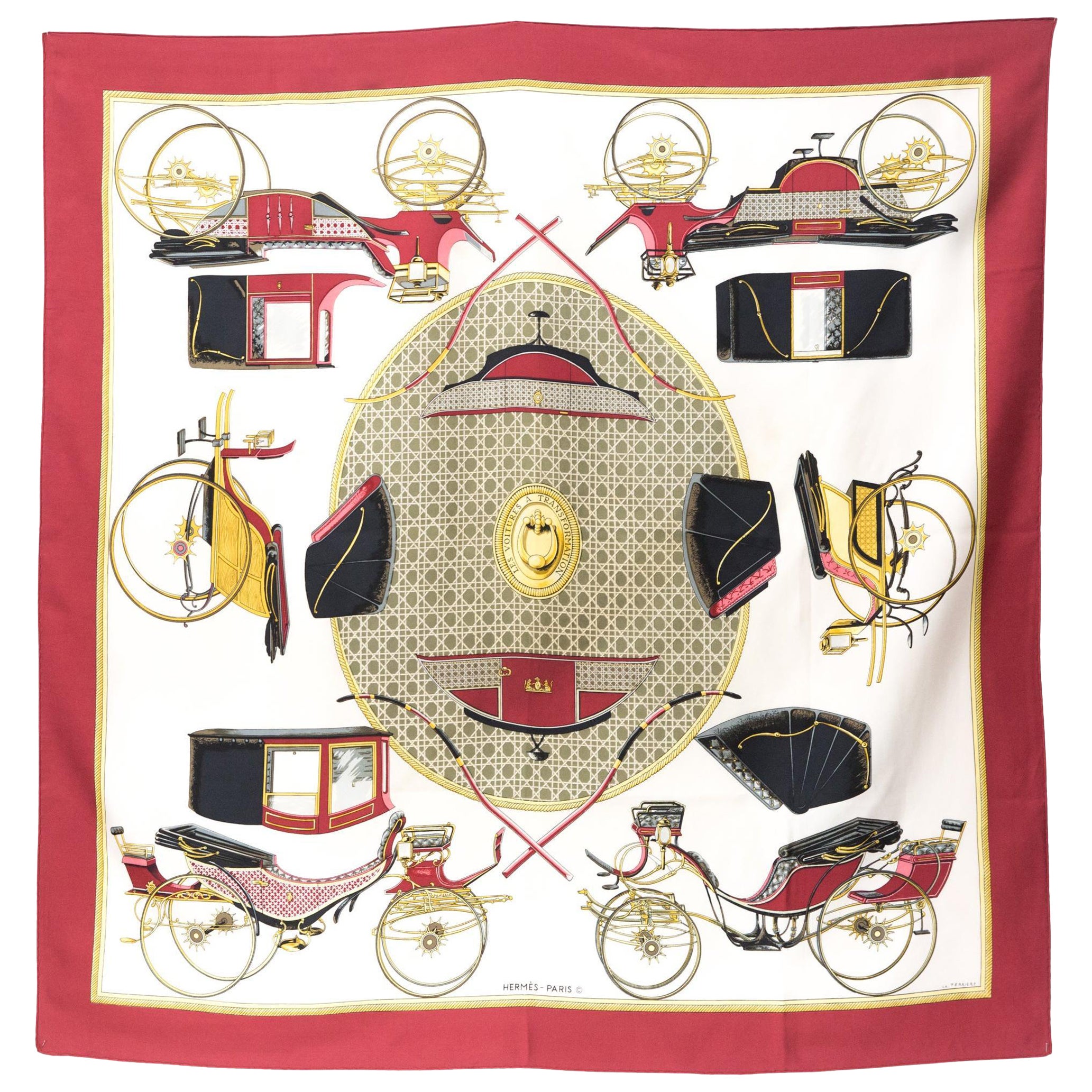 Hermes Les Voitures a Transformation by F de la Perriere  Silk Scarf For Sale