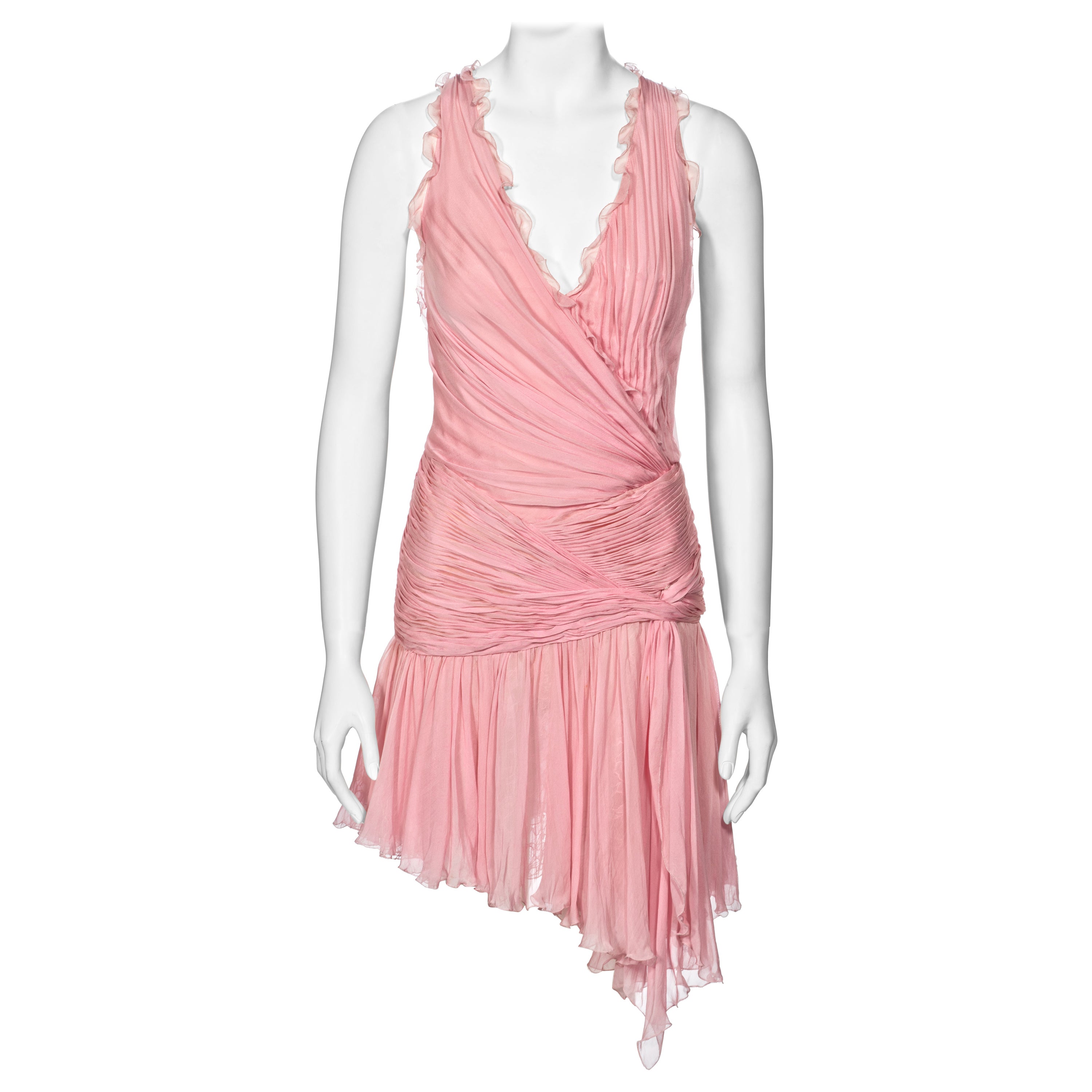 Atelier Versace Couture Pink Pleated Silk and Lace Mini Dress, ss 2004 For Sale