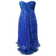 Vintage 1990s RAFFAELLA CURIEL Blue Polka Dots Pleateds Strapless Cocktail Dress