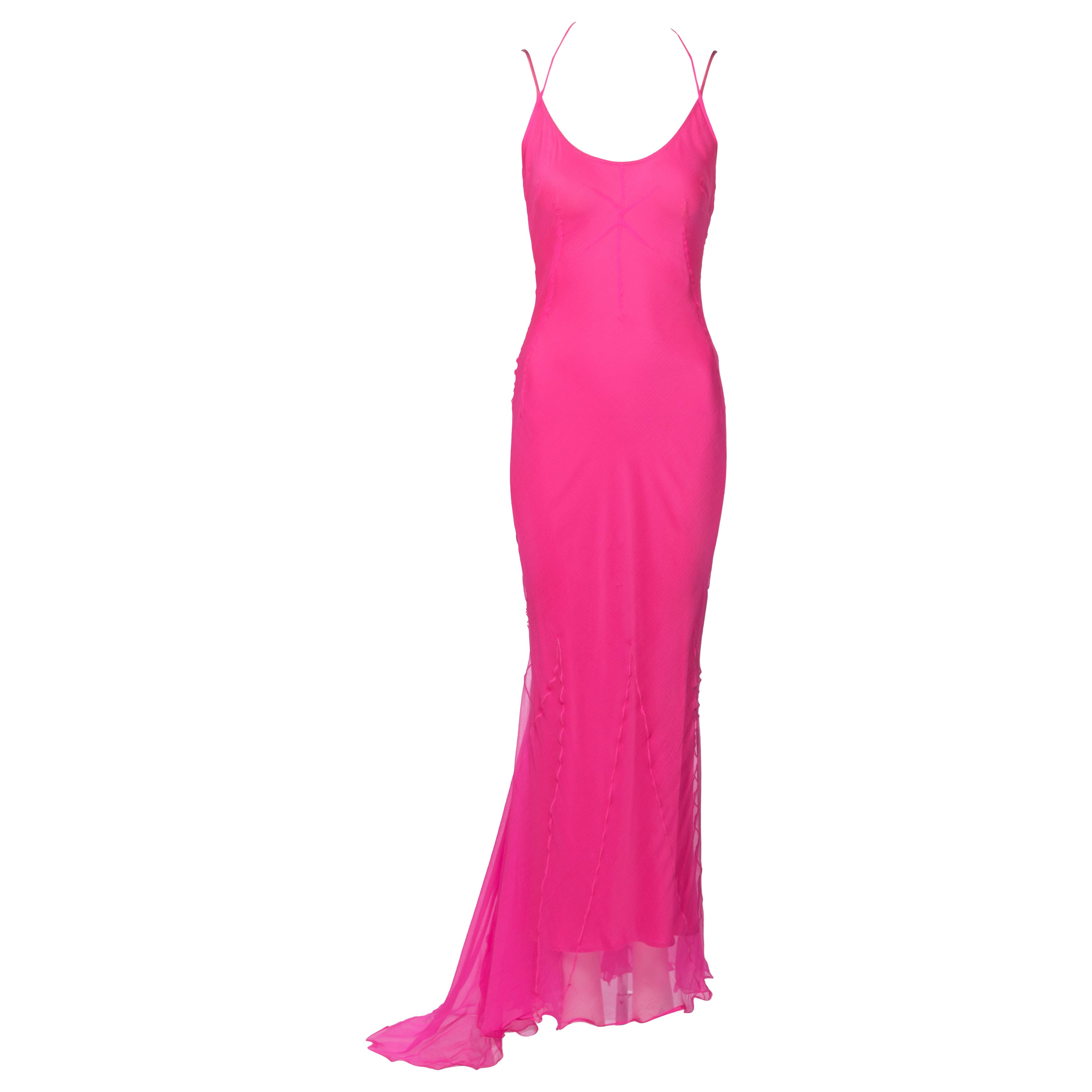 Dolce & Gabbana Hot Pink Silk Chiffon Halter Neck Evening Dress, fw 2000 For Sale